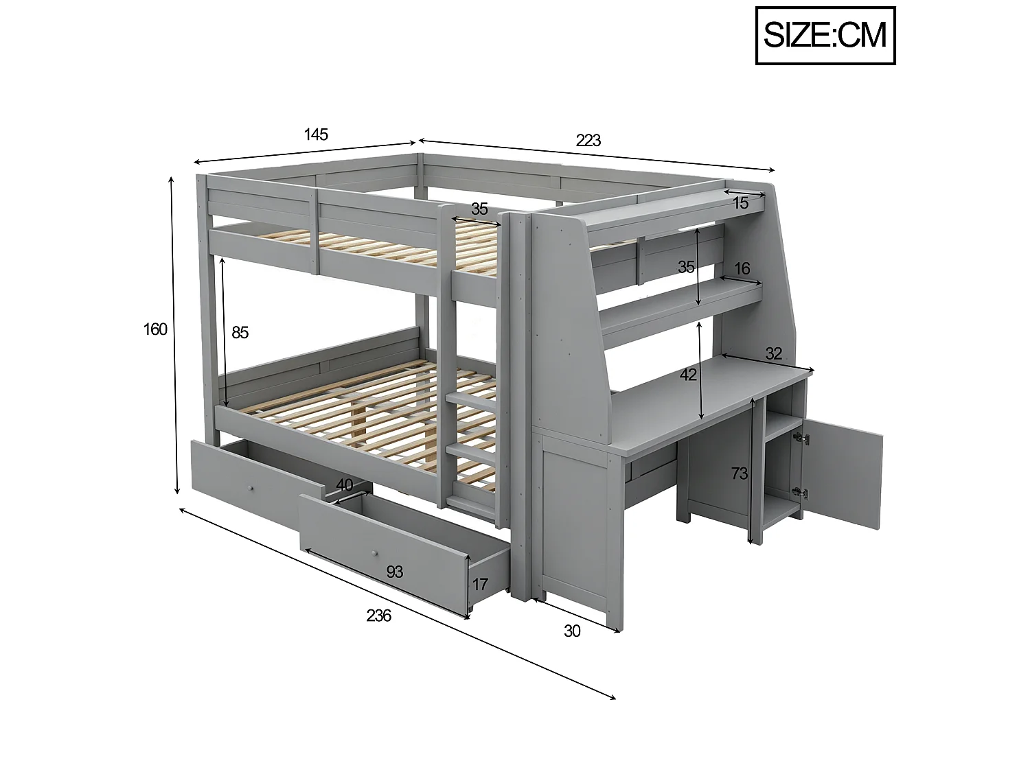 Letto a soppalco per bambini 140 x 200 cm con armadio reversibile, scrivania, mensole e 2 cassetti - Pino + metallo + MDF - Grigio (Materasso non incluso)