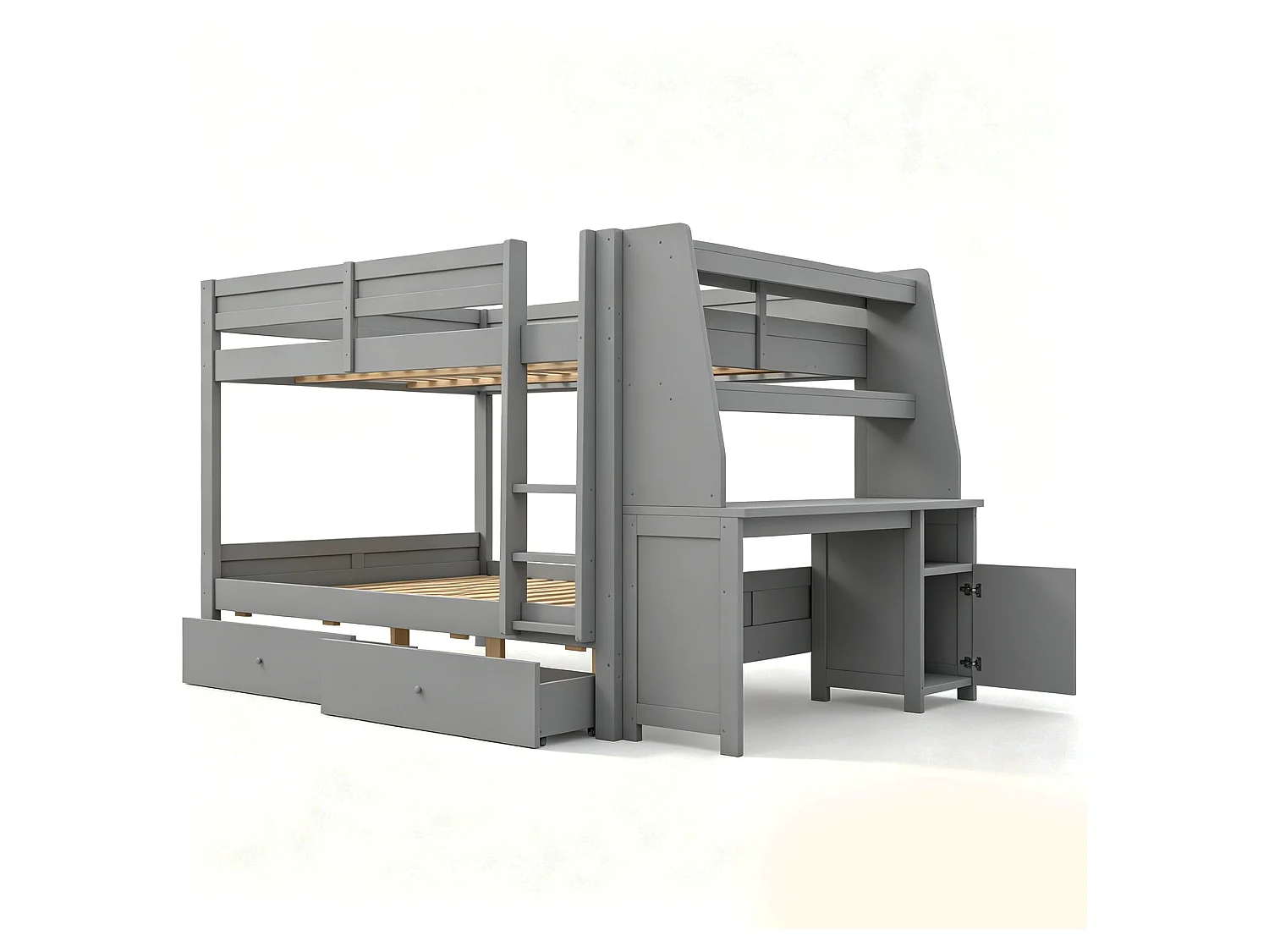 Letto a soppalco per bambini 140 x 200 cm con armadio reversibile, scrivania, mensole e 2 cassetti - Pino + metallo + MDF - Grigio (Materasso non incluso)