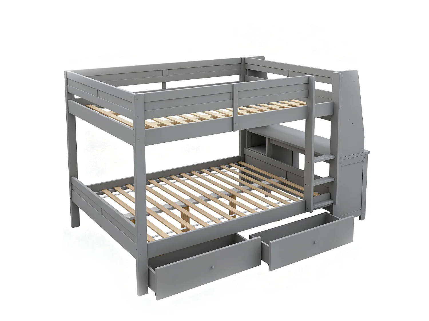 Letto a soppalco per bambini 140 x 200 cm con armadio reversibile, scrivania, mensole e 2 cassetti - Pino + metallo + MDF - Grigio (Materasso non incluso)