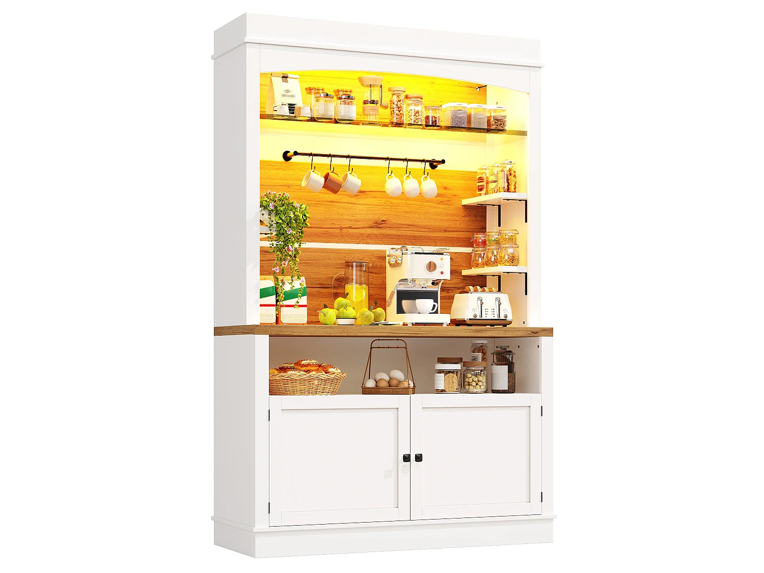 Buffet de cuisine avec 2 portes, LED RGB, étagères en verre, crochets et placard fermé - MDF/métal - 107 x 34 x 184 cm - Blanc + bois