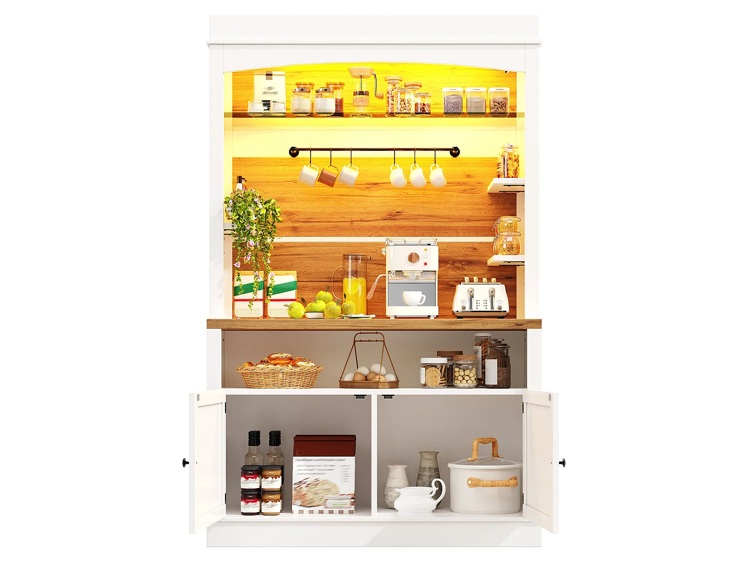 Buffet de cuisine avec 2 portes, LED RGB, étagères en verre, crochets et placard fermé - MDF/métal - 107 x 34 x 184 cm - Blanc + bois
