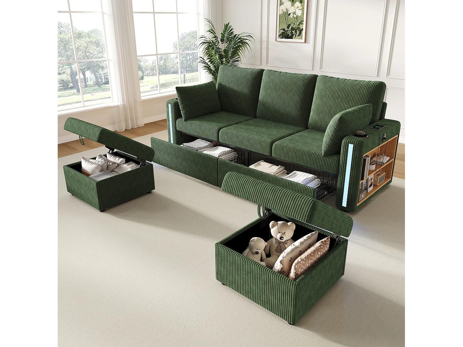 Modułowa sofa narożna 5-6-osobowa z 2 pufami ze schowkiem, aplikacją LED, USB/Type-C, 2 szufladami - sztruks - 190 x 130 x 85 cm - zielony