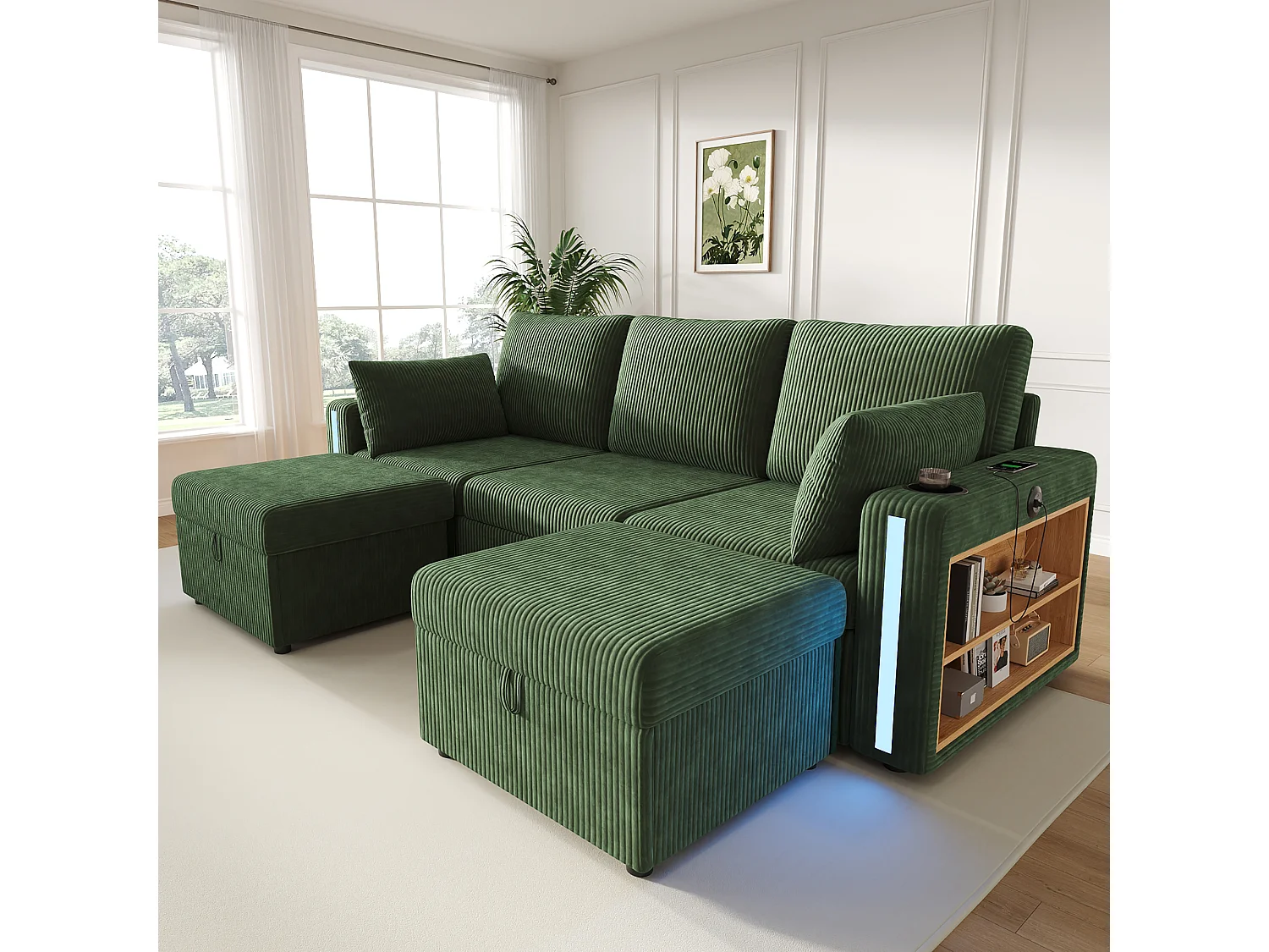 Modułowa sofa narożna 5-6-osobowa z 2 pufami ze schowkiem, aplikacją LED, USB/Type-C, 2 szufladami - sztruks - 190 x 130 x 85 cm - zielony