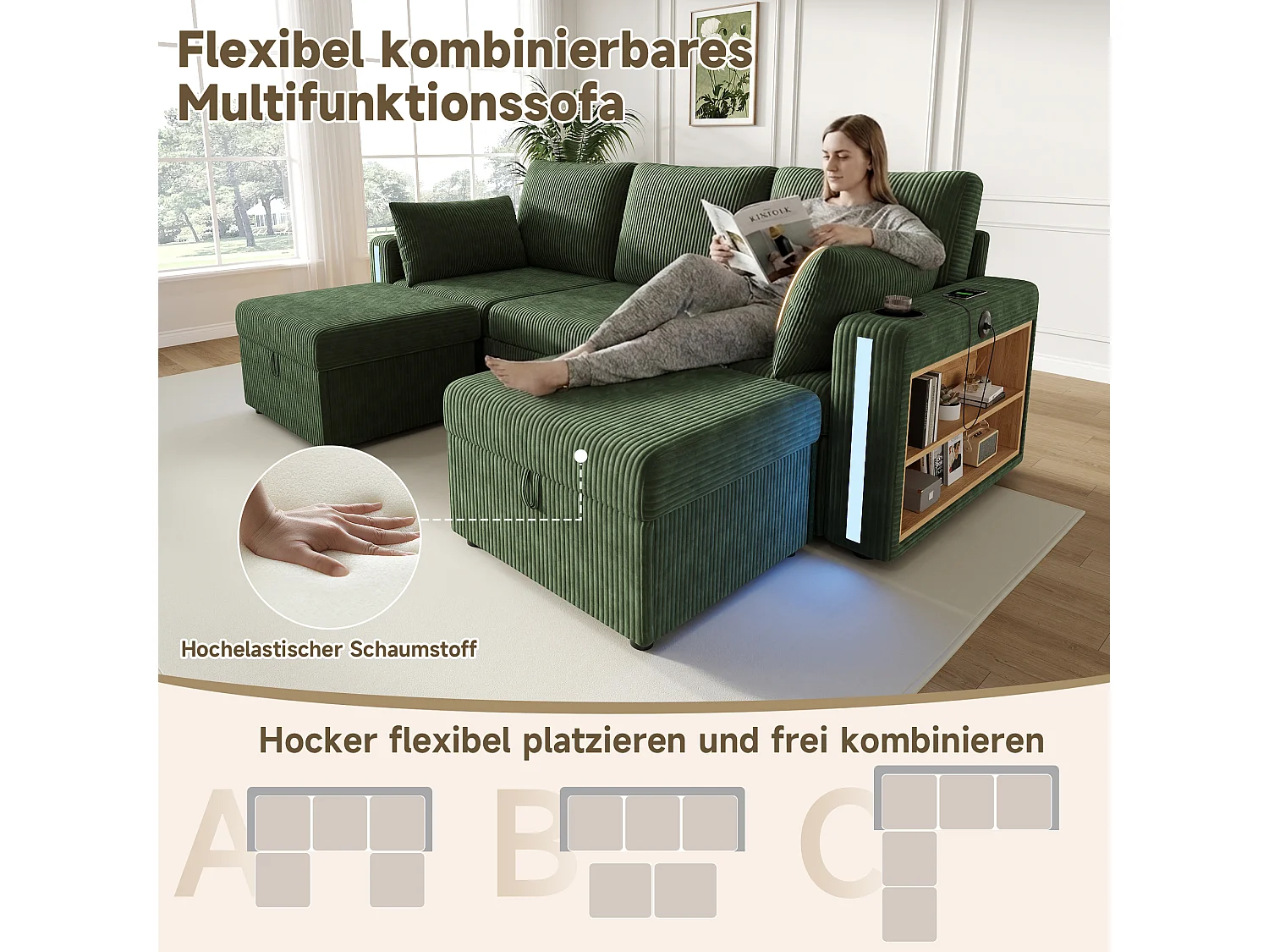 Modułowa sofa narożna 5-6-osobowa z 2 pufami ze schowkiem, aplikacją LED, USB/Type-C, 2 szufladami - sztruks - 190 x 130 x 85 cm - zielony