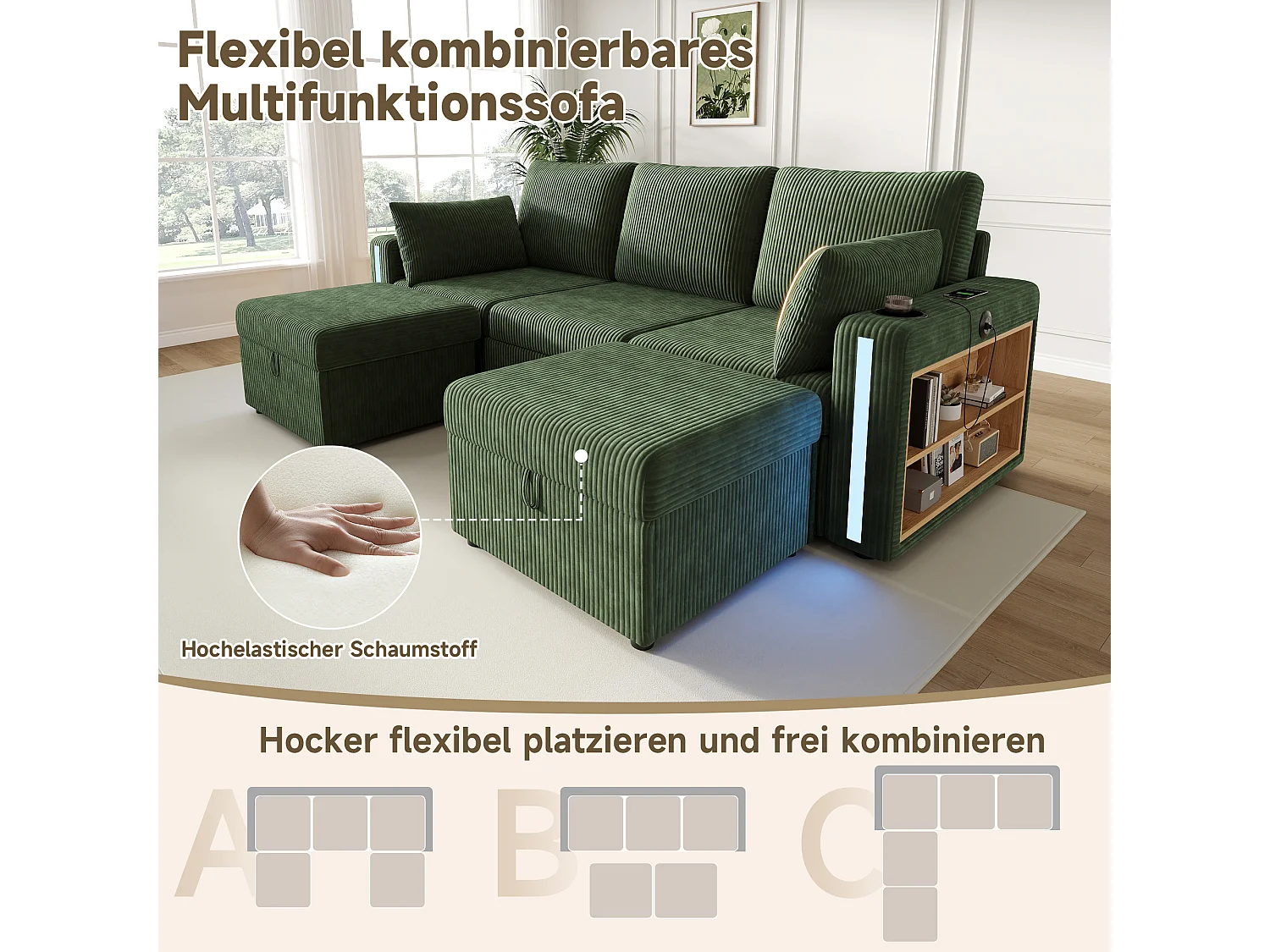 Modułowa sofa narożna 5-6-osobowa z 2 pufami ze schowkiem, aplikacją LED, USB/Type-C, 2 szufladami - sztruks - 190 x 130 x 85 cm - zielony
