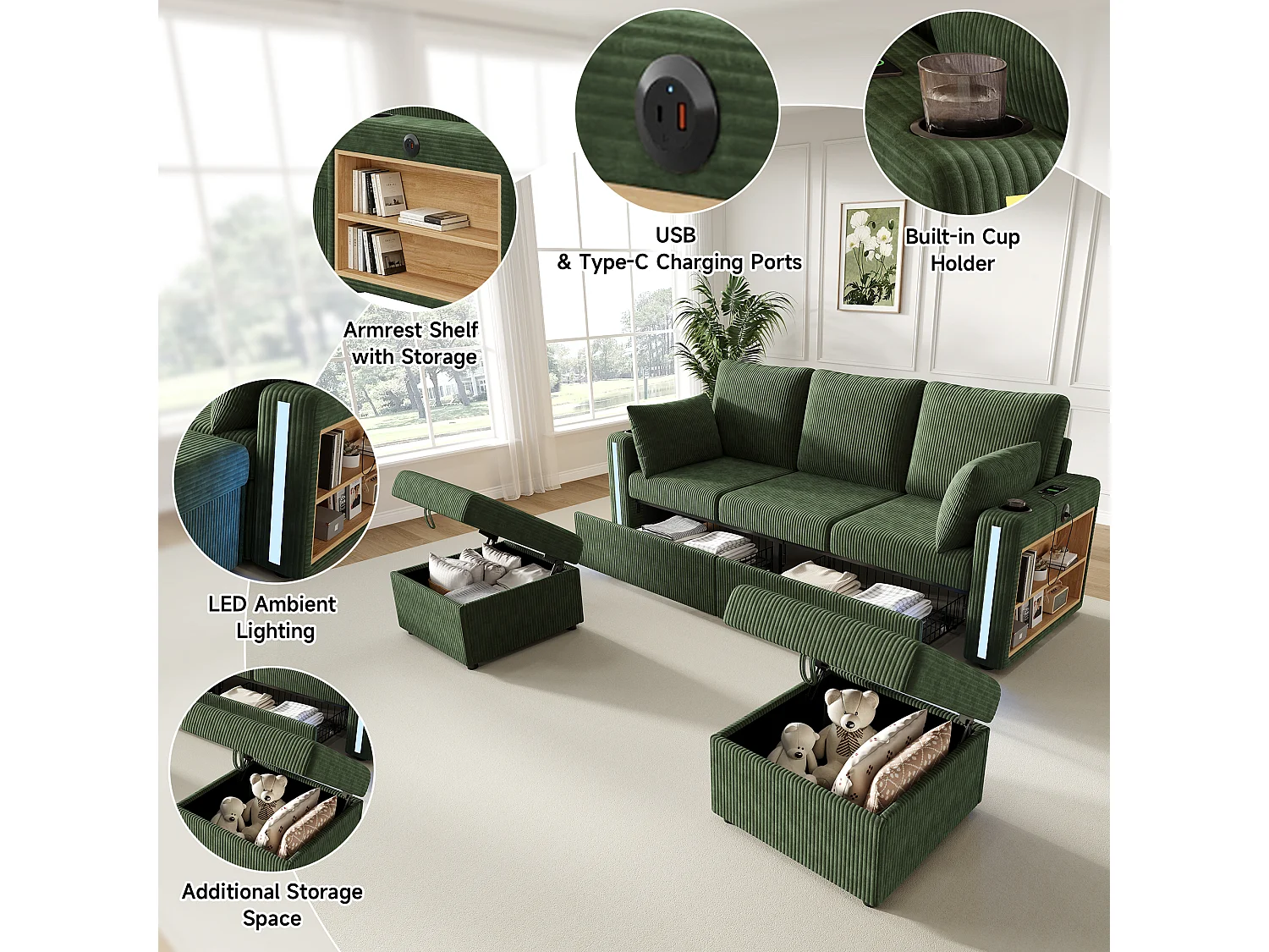 Modułowa sofa narożna 5-6-osobowa z 2 pufami ze schowkiem, aplikacją LED, USB/Type-C, 2 szufladami - sztruks - 190 x 130 x 85 cm - zielony