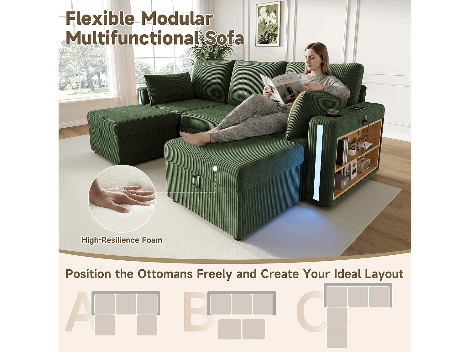 Modułowa sofa narożna 5-6-osobowa z 2 pufami ze schowkiem, aplikacją LED, USB/Type-C, 2 szufladami - sztruks - 190 x 130 x 85 cm - zielony