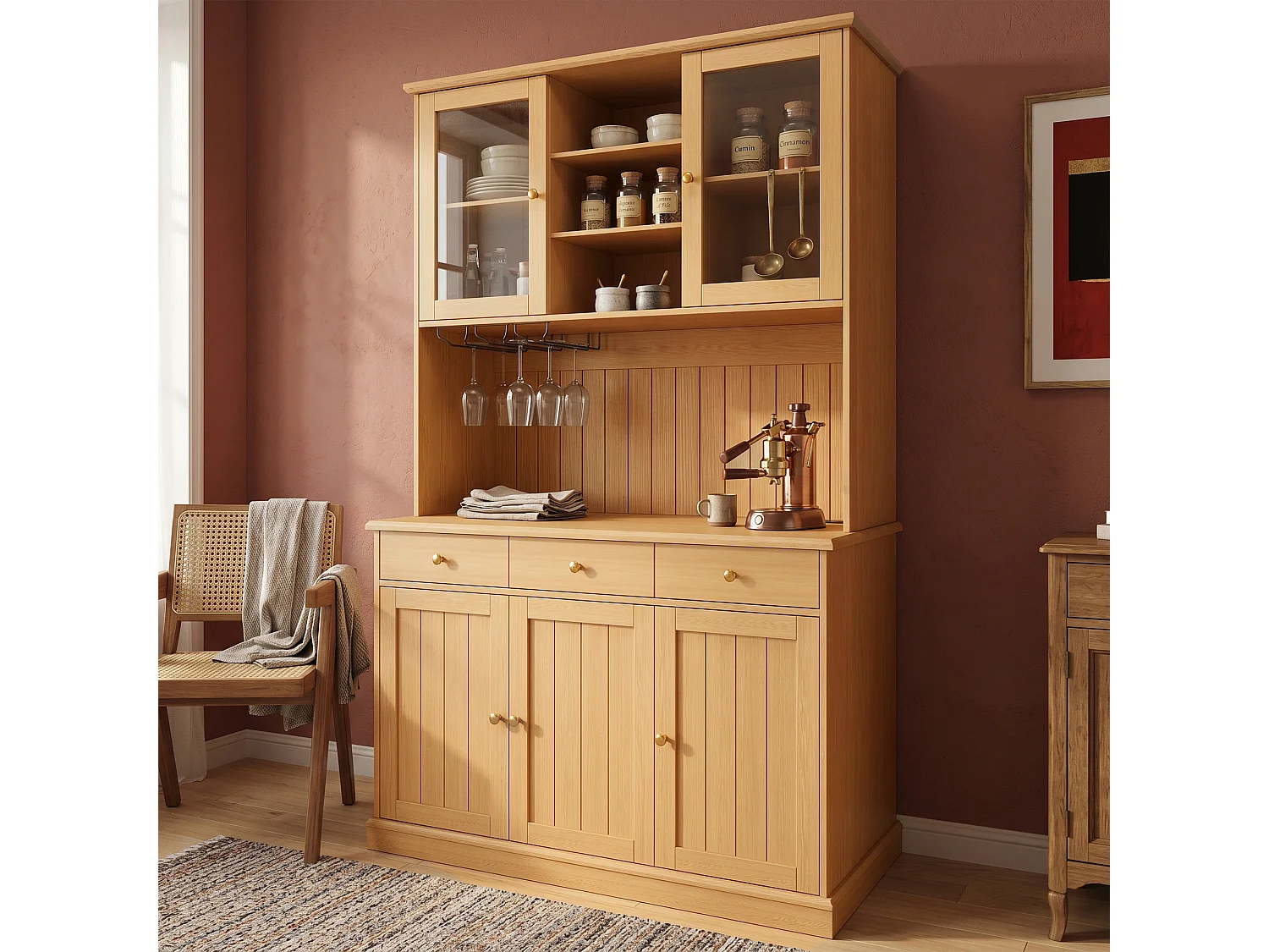 Hohes Küchen-Sideboard mit 5 Türen, 3 Schubladen, verstellbaren Einlegeböden und Glasablage -120 x 40 x 191 cm - Spanplatte - Natur