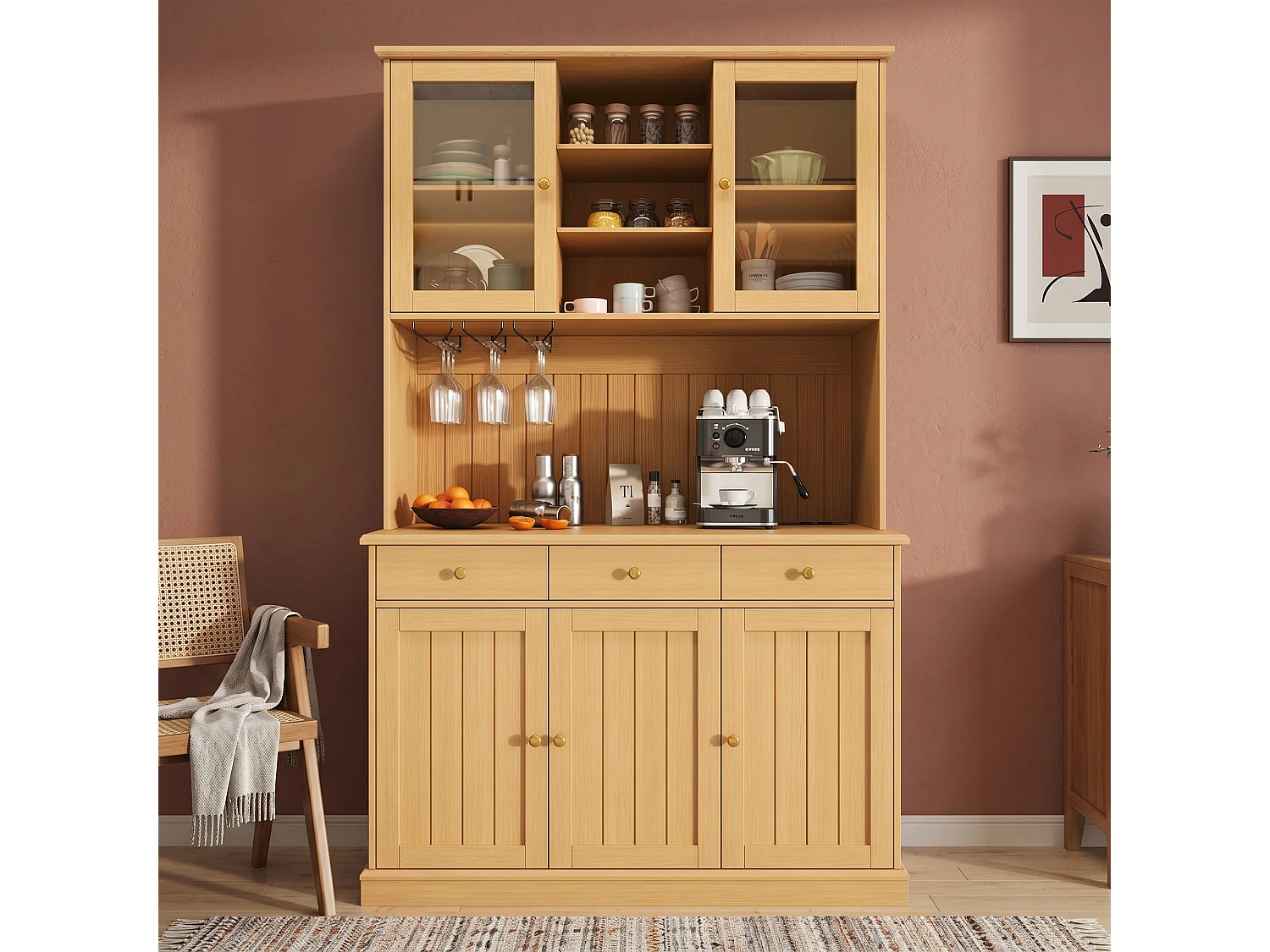Hohes Küchen-Sideboard mit 5 Türen, 3 Schubladen, verstellbaren Einlegeböden und Glasablage -120 x 40 x 191 cm - Spanplatte - Natur