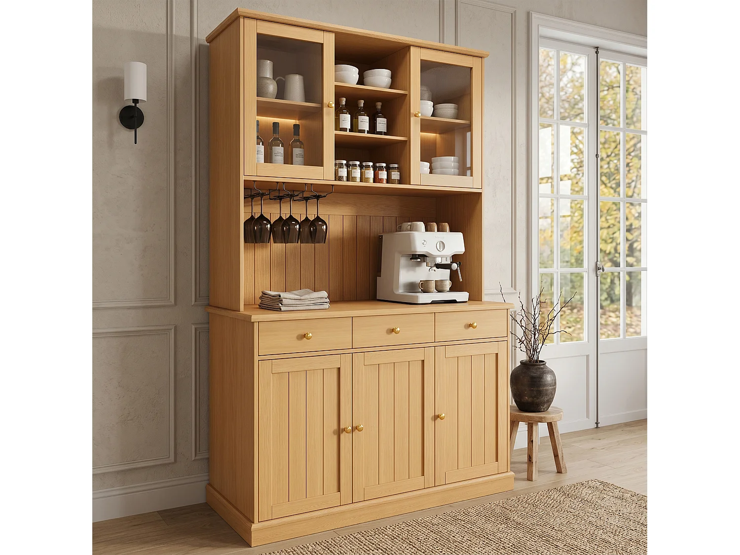 Hohes Küchen-Sideboard mit 5 Türen, 3 Schubladen, verstellbaren Einlegeböden und Glasablage -120 x 40 x 191 cm - Spanplatte - Natur