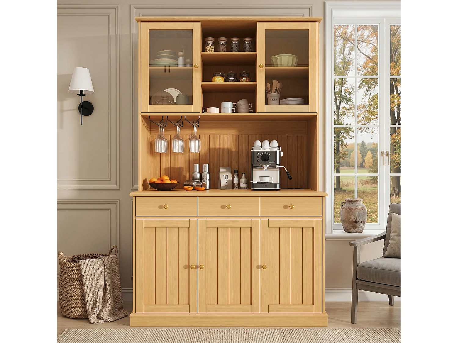 Hohes Küchen-Sideboard mit 5 Türen, 3 Schubladen, verstellbaren Einlegeböden und Glasablage -120 x 40 x 191 cm - Spanplatte - Natur