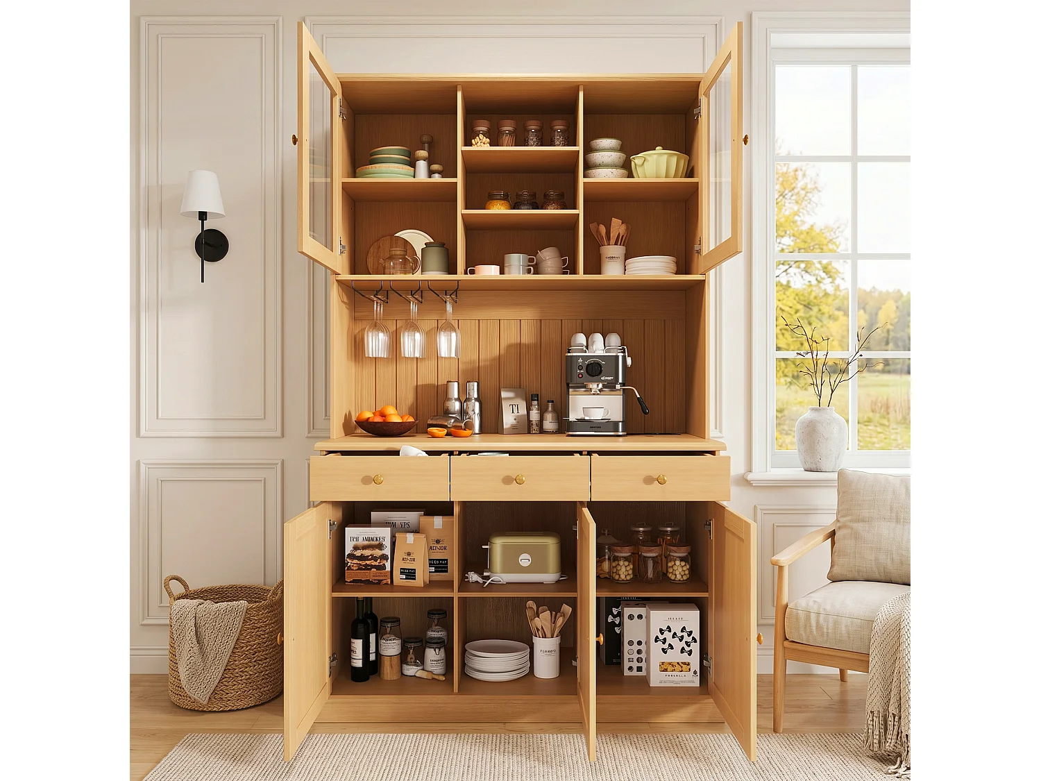 Hohes Küchen-Sideboard mit 5 Türen, 3 Schubladen, verstellbaren Einlegeböden und Glasablage -120 x 40 x 191 cm - Spanplatte - Natur