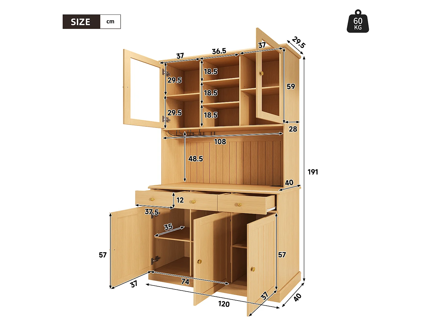 Hohes Küchen-Sideboard mit 5 Türen, 3 Schubladen, verstellbaren Einlegeböden und Glasablage -120 x 40 x 191 cm - Spanplatte - Natur