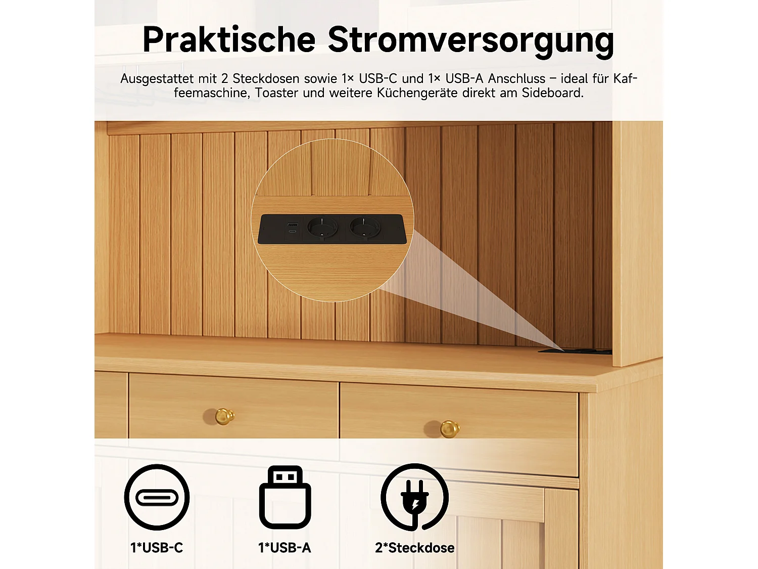 Hohes Küchen-Sideboard mit 5 Türen, 3 Schubladen, verstellbaren Einlegeböden und Glasablage -120 x 40 x 191 cm - Spanplatte - Natur