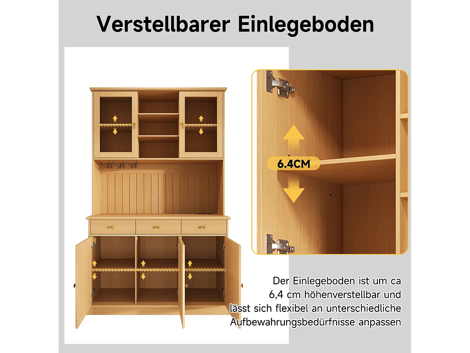 Hohes Küchen-Sideboard mit 5 Türen, 3 Schubladen, verstellbaren Einlegeböden und Glasablage -120 x 40 x 191 cm - Spanplatte - Natur