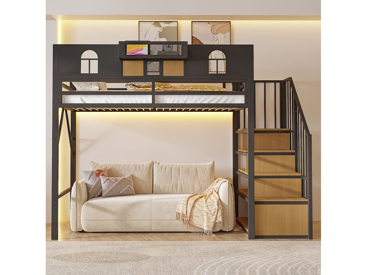 Hochbett für Kinder 90 x 200 cm mit Leiter und Stauraum, LED-Beleuchtung - MDF + Metall - Beige (Matratze nicht im Lieferumfang enthalten)