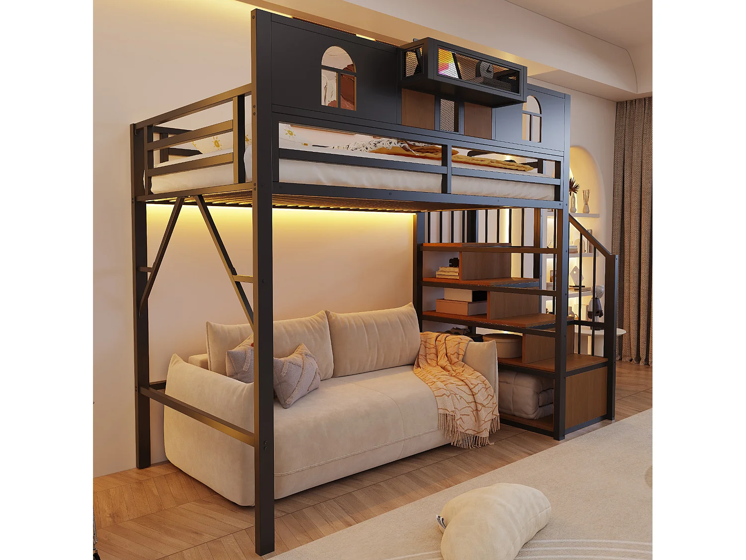 Hochbett für Kinder 90 x 200 cm mit Leiter und Stauraum, LED-Beleuchtung - MDF + Metall - Beige (Matratze nicht im Lieferumfang enthalten)
