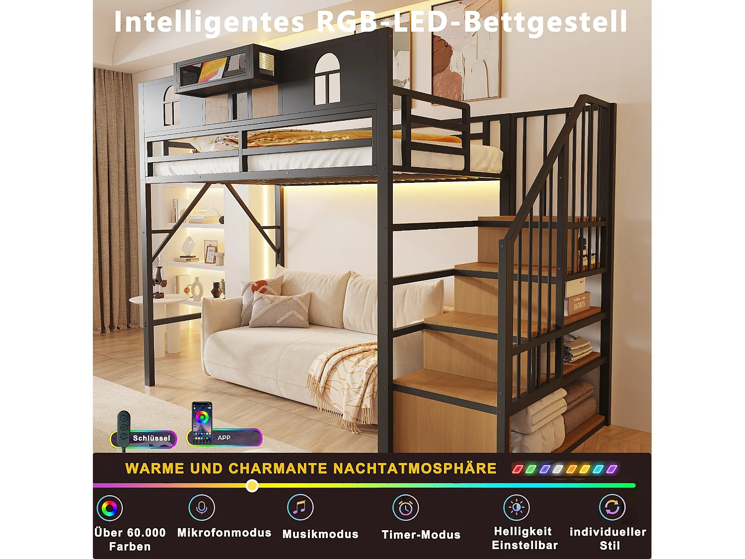 Hochbett für Kinder 90 x 200 cm mit Leiter und Stauraum, LED-Beleuchtung - MDF + Metall - Beige (Matratze nicht im Lieferumfang enthalten)