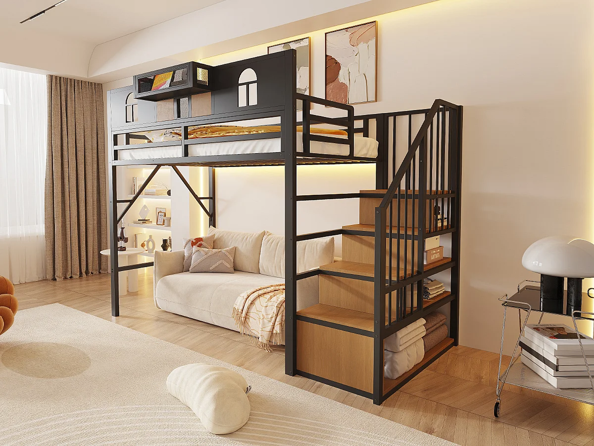 Hochbett für Kinder 90 x 200 cm mit Leiter und Stauraum, LED-Beleuchtung - MDF + Metall - Beige (Matratze nicht im Lieferumfang enthalten)