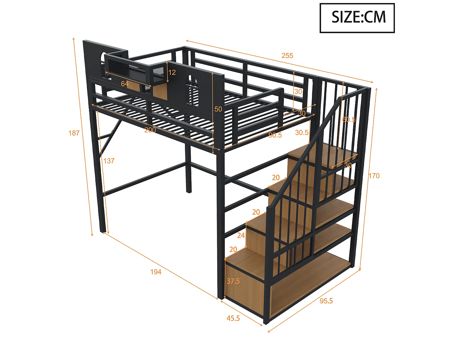 Hochbett für Kinder 90 x 200 cm mit Leiter und Stauraum, LED-Beleuchtung - MDF + Metall - Beige (Matratze nicht im Lieferumfang enthalten)