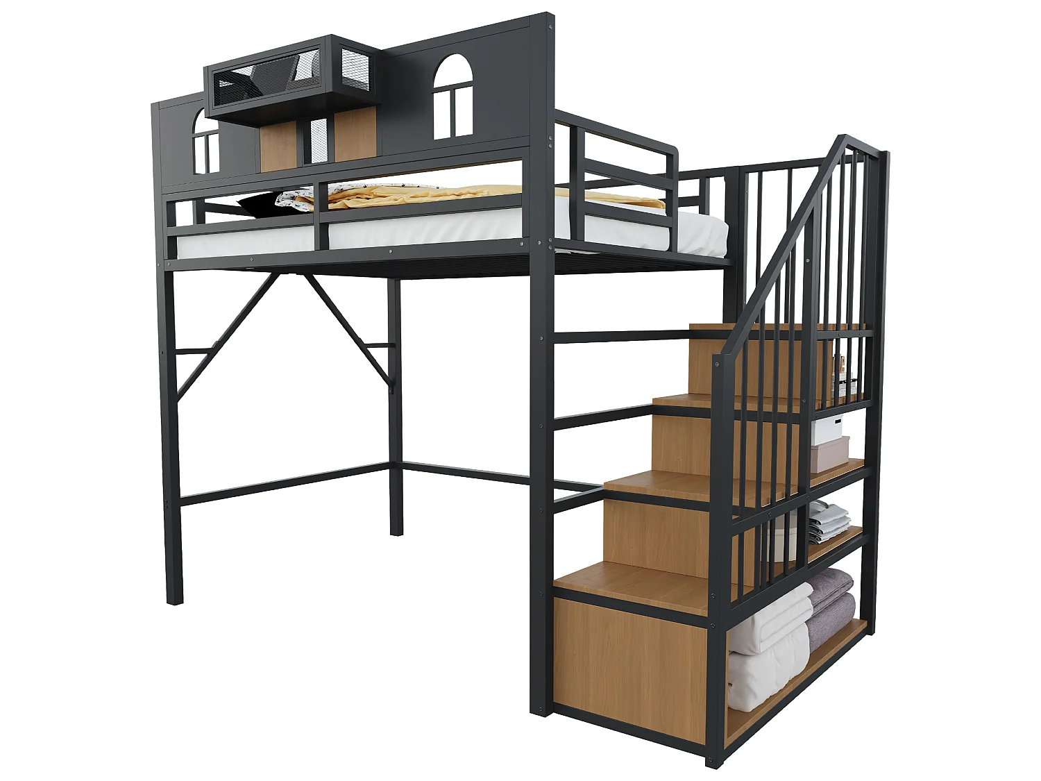 Hochbett für Kinder 90 x 200 cm mit Leiter und Stauraum, LED-Beleuchtung - MDF + Metall - Beige (Matratze nicht im Lieferumfang enthalten)