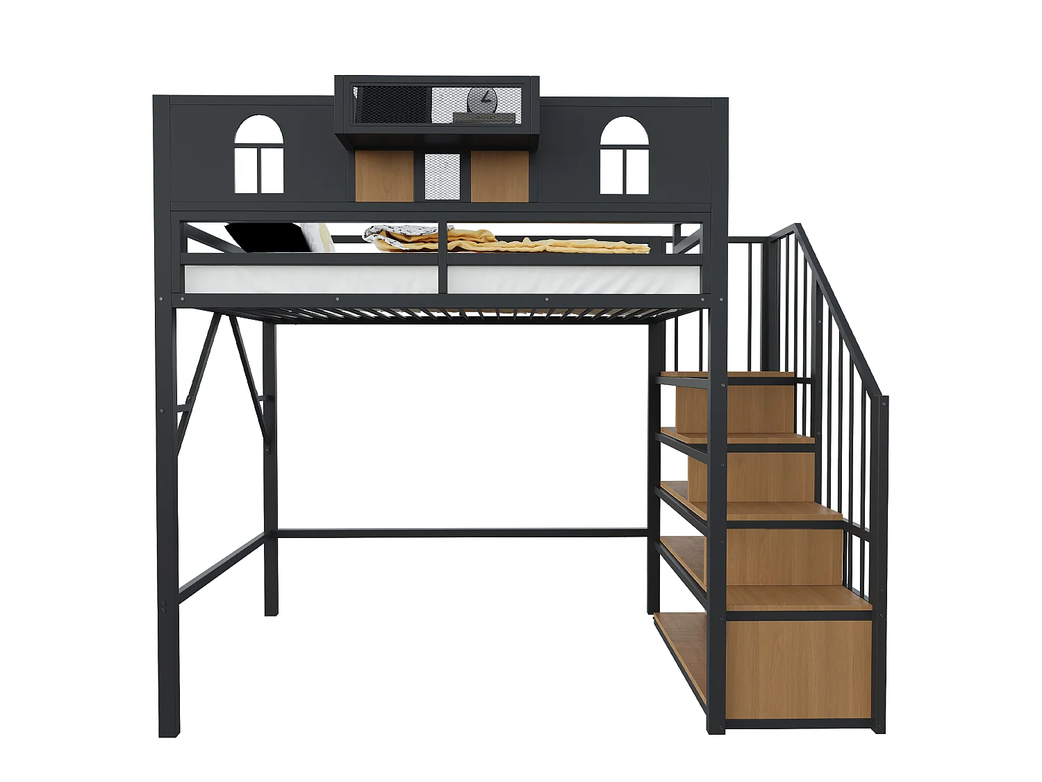 Hochbett für Kinder 90 x 200 cm mit Leiter und Stauraum, LED-Beleuchtung - MDF + Metall - Beige (Matratze nicht im Lieferumfang enthalten)