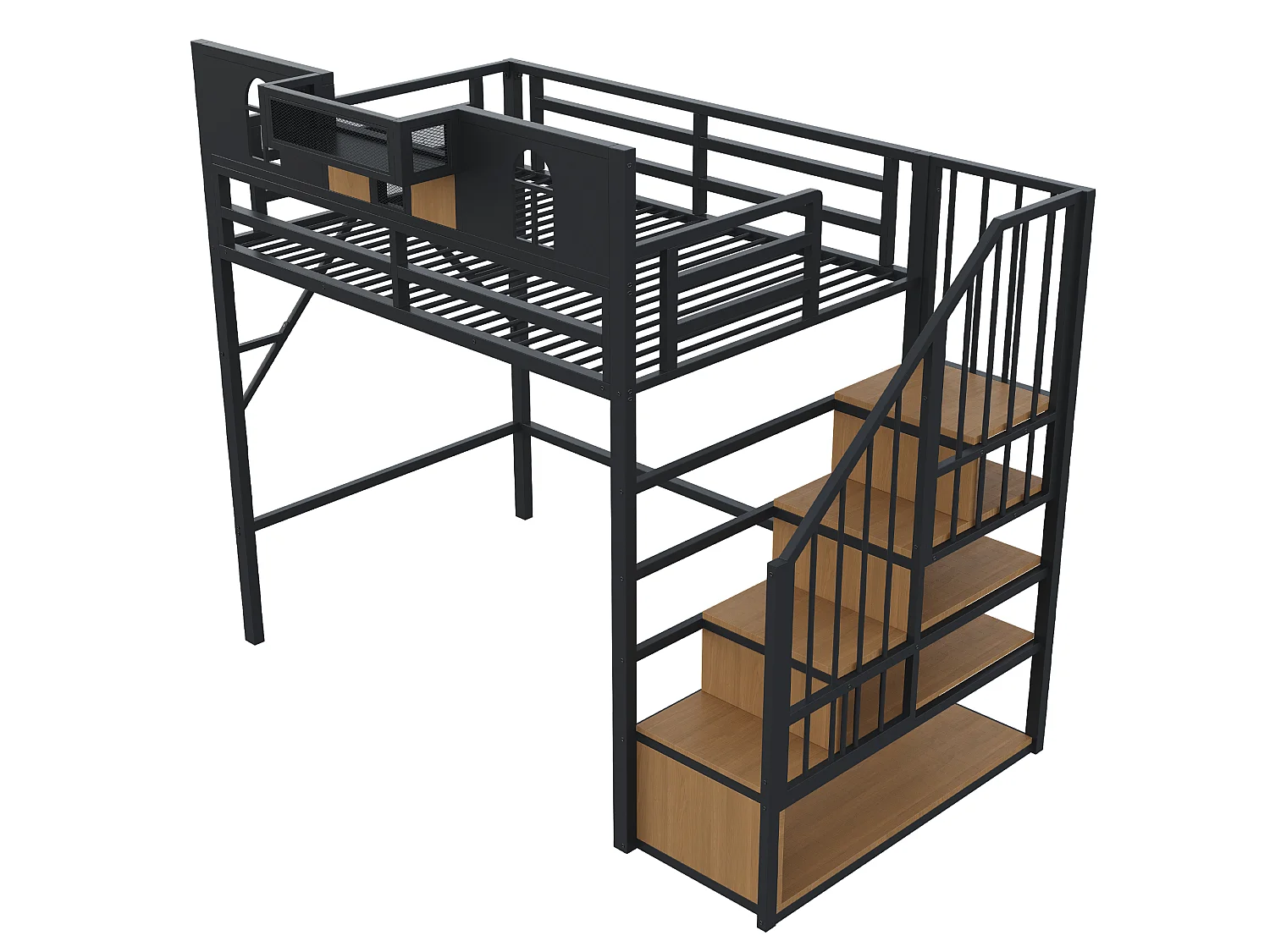 Hochbett für Kinder 90 x 200 cm mit Leiter und Stauraum, LED-Beleuchtung - MDF + Metall - Beige (Matratze nicht im Lieferumfang enthalten)