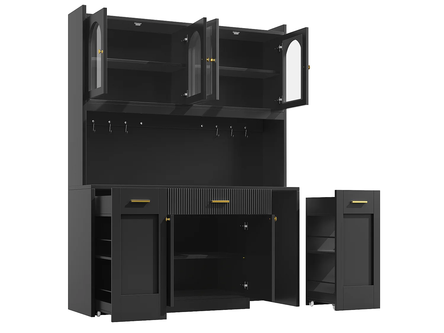 Buffet haut de cuisine avec LED, 6 portes et étagères coulissantes double face - MDF, verre et métal - 120 × 40 × 187 cm - Noir