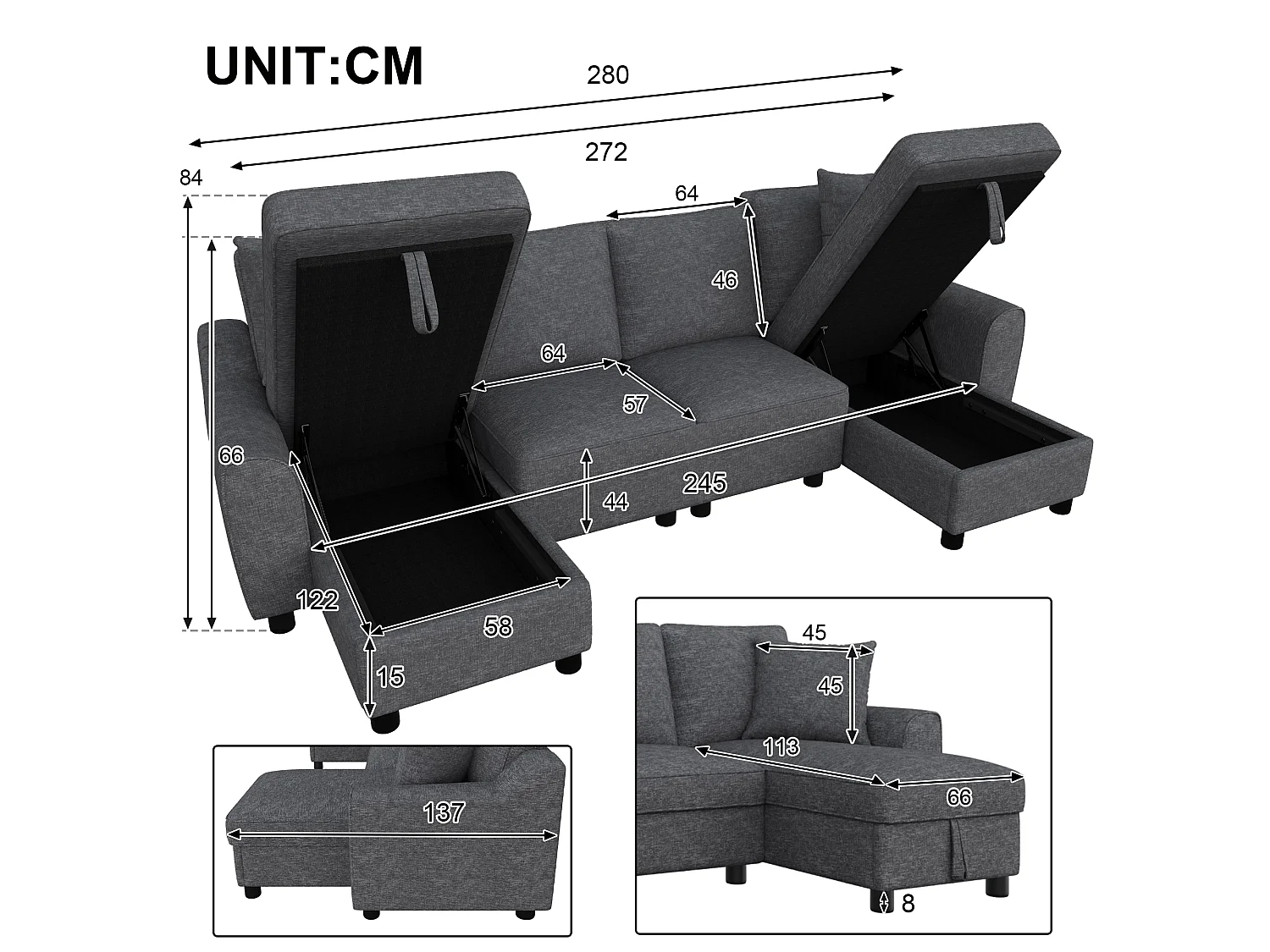 U-förmiges Ecksofa mit Stauraum-Chaiselongue und abnehmbaren Kissen – Chenille – 280 x 137 x 84 cm – Grau