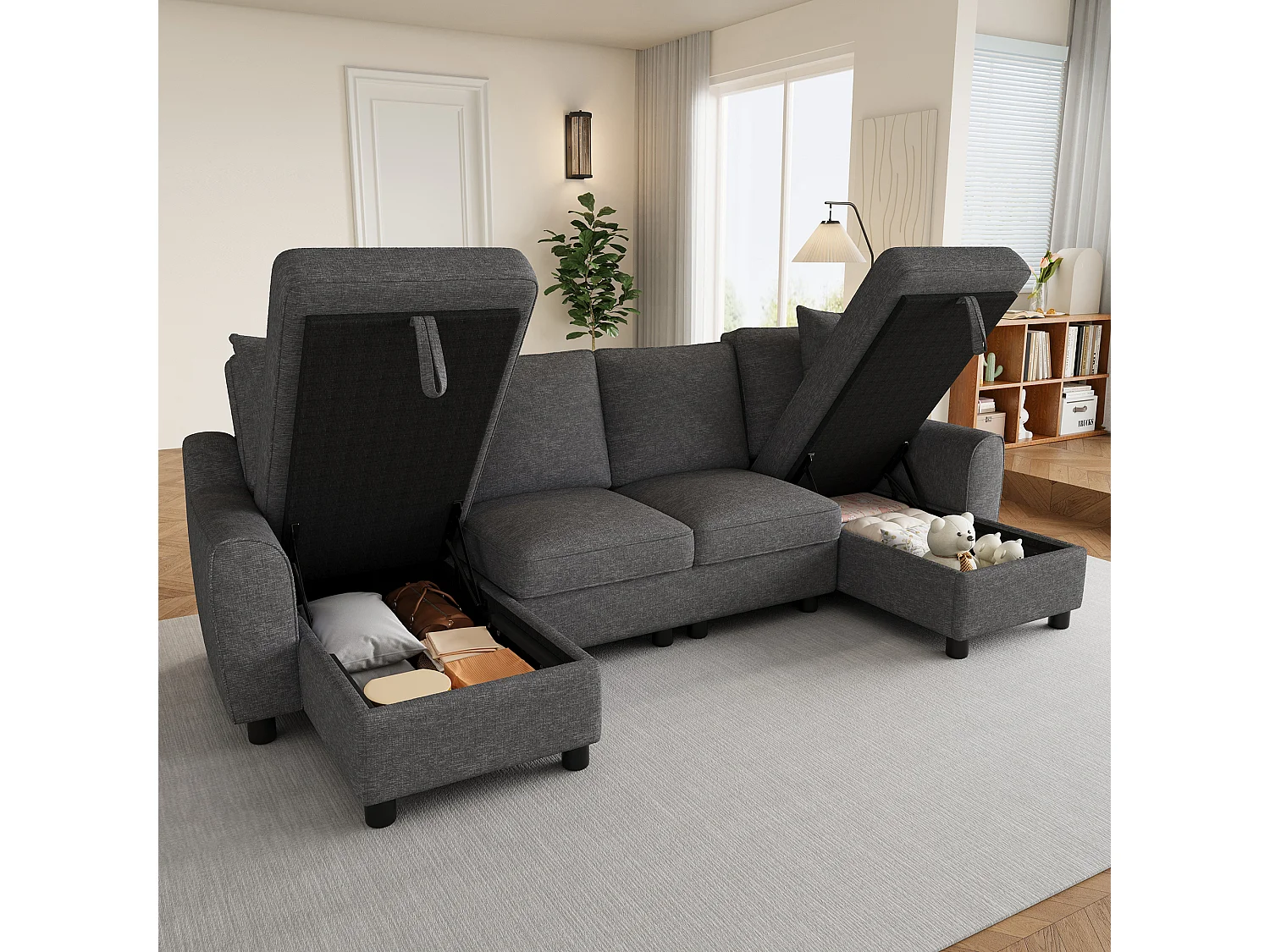U-förmiges Ecksofa mit Stauraum-Chaiselongue und abnehmbaren Kissen – Chenille – 280 x 137 x 84 cm – Grau