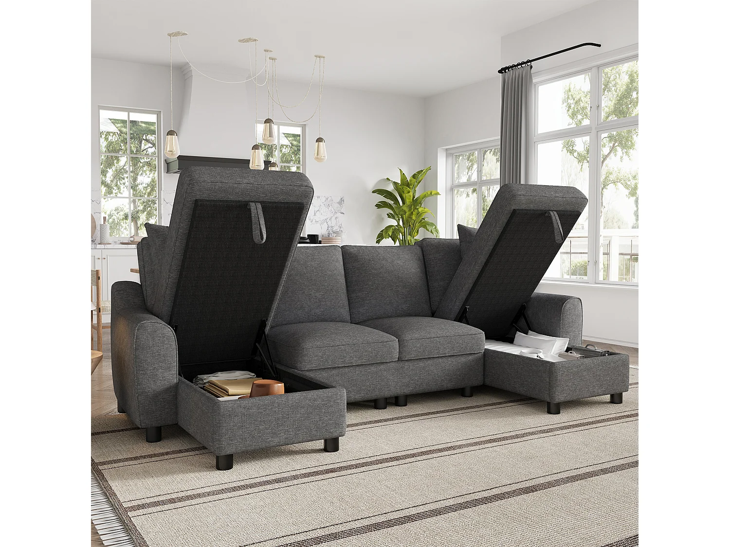 U-förmiges Ecksofa mit Stauraum-Chaiselongue und abnehmbaren Kissen – Chenille – 280 x 137 x 84 cm – Grau