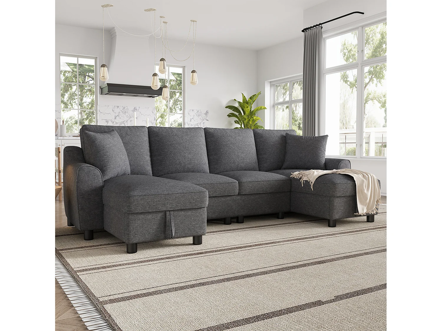 U-förmiges Ecksofa mit Stauraum-Chaiselongue und abnehmbaren Kissen – Chenille – 280 x 137 x 84 cm – Grau