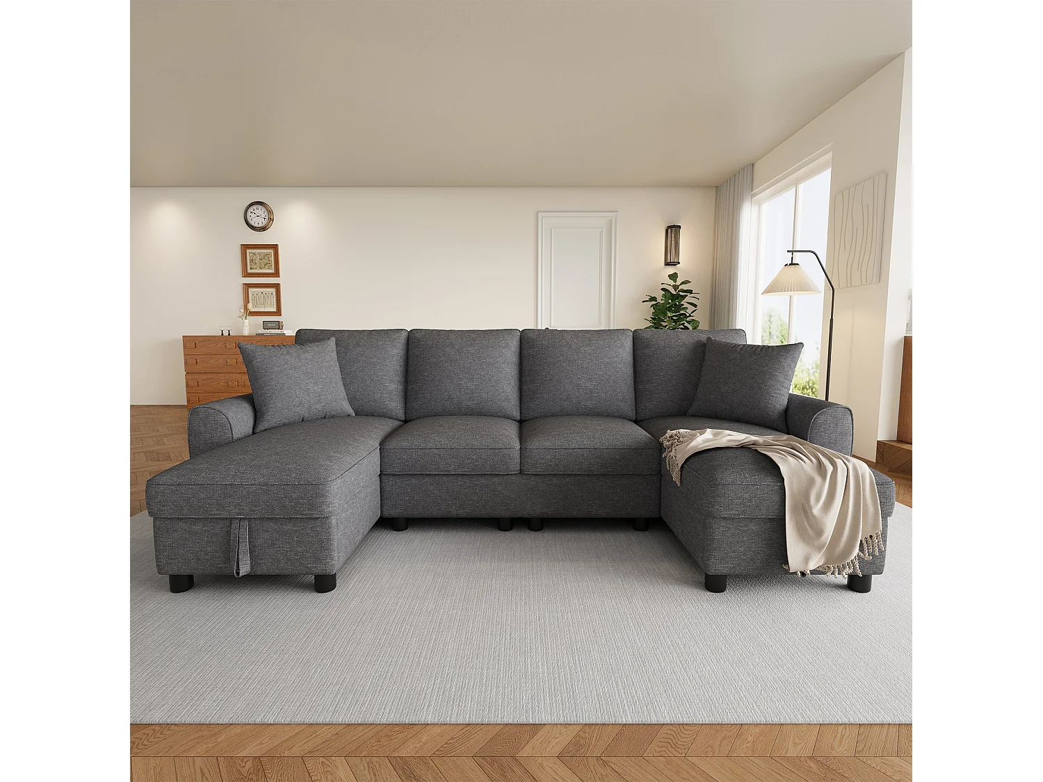 U-förmiges Ecksofa mit Stauraum-Chaiselongue und abnehmbaren Kissen – Chenille – 280 x 137 x 84 cm – Grau
