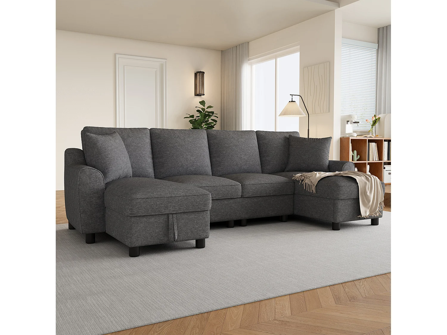 U-förmiges Ecksofa mit Stauraum-Chaiselongue und abnehmbaren Kissen – Chenille – 280 x 137 x 84 cm – Grau