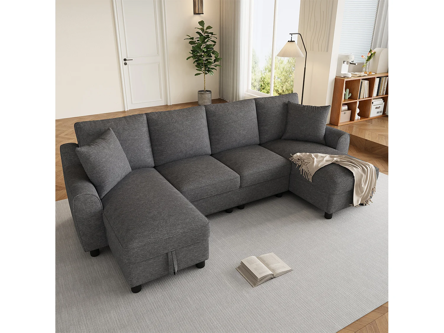 U-förmiges Ecksofa mit Stauraum-Chaiselongue und abnehmbaren Kissen – Chenille – 280 x 137 x 84 cm – Grau