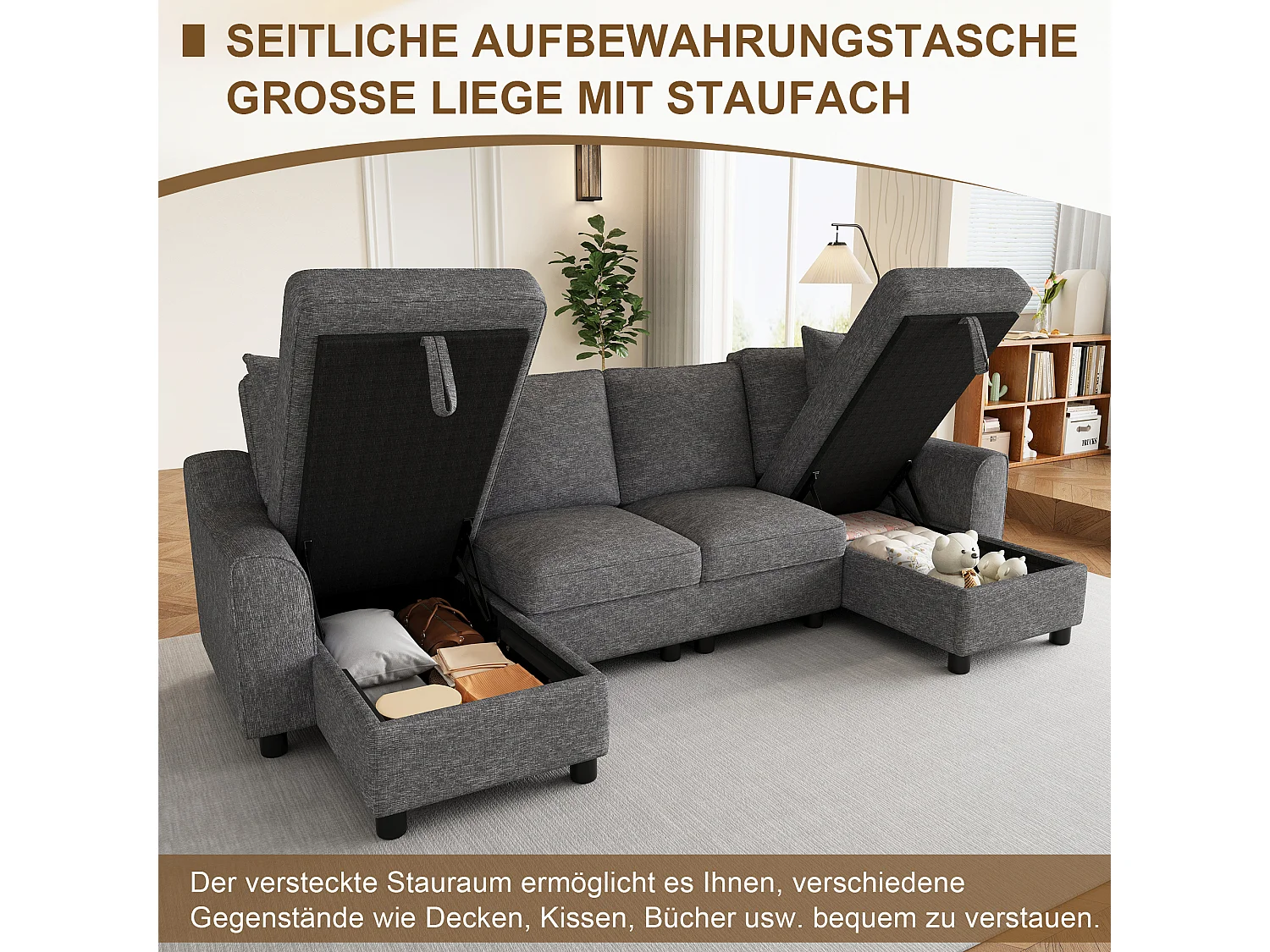 U-förmiges Ecksofa mit Stauraum-Chaiselongue und abnehmbaren Kissen – Chenille – 280 x 137 x 84 cm – Grau
