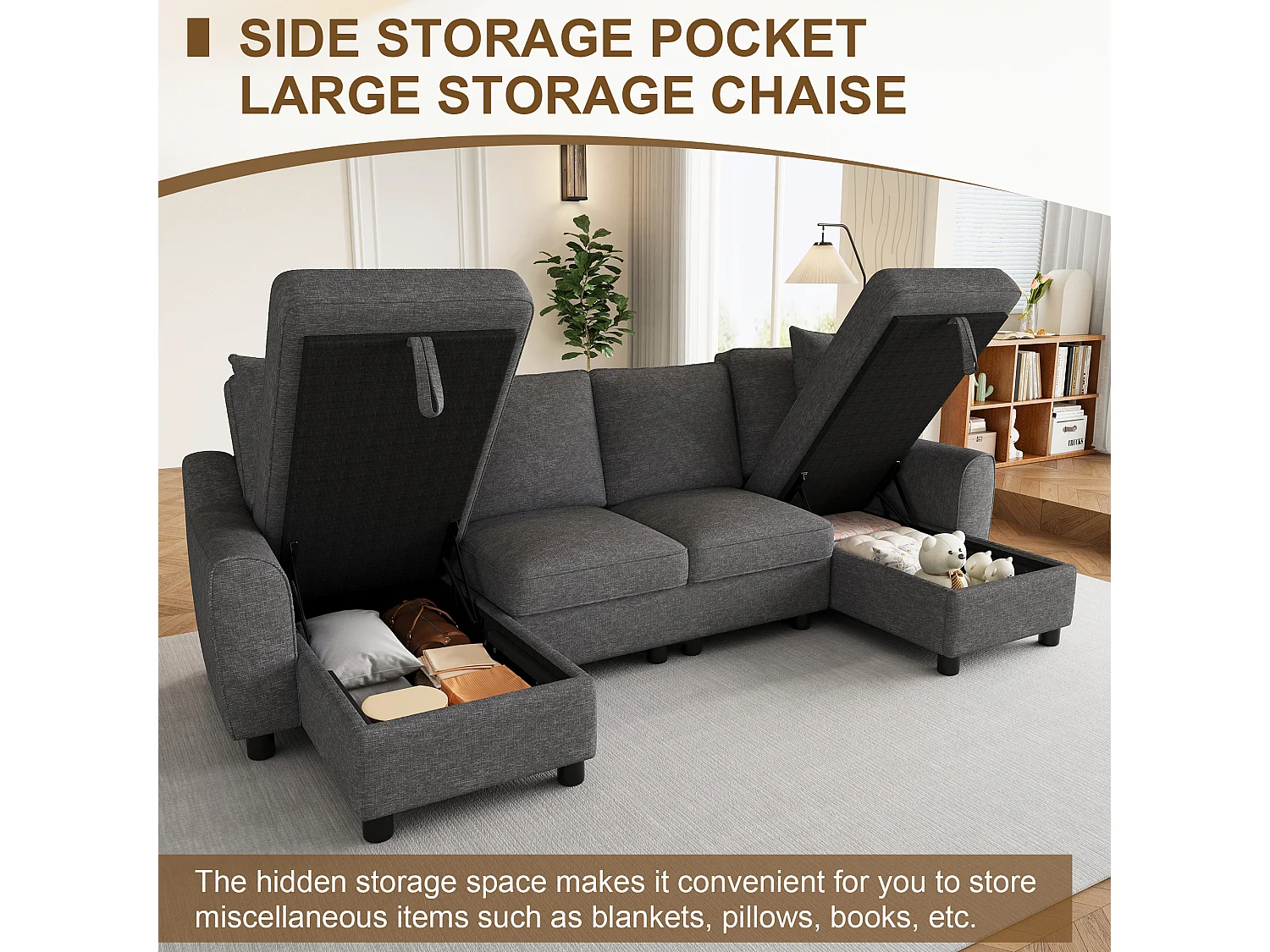 U-förmiges Ecksofa mit Stauraum-Chaiselongue und abnehmbaren Kissen – Chenille – 280 x 137 x 84 cm – Grau