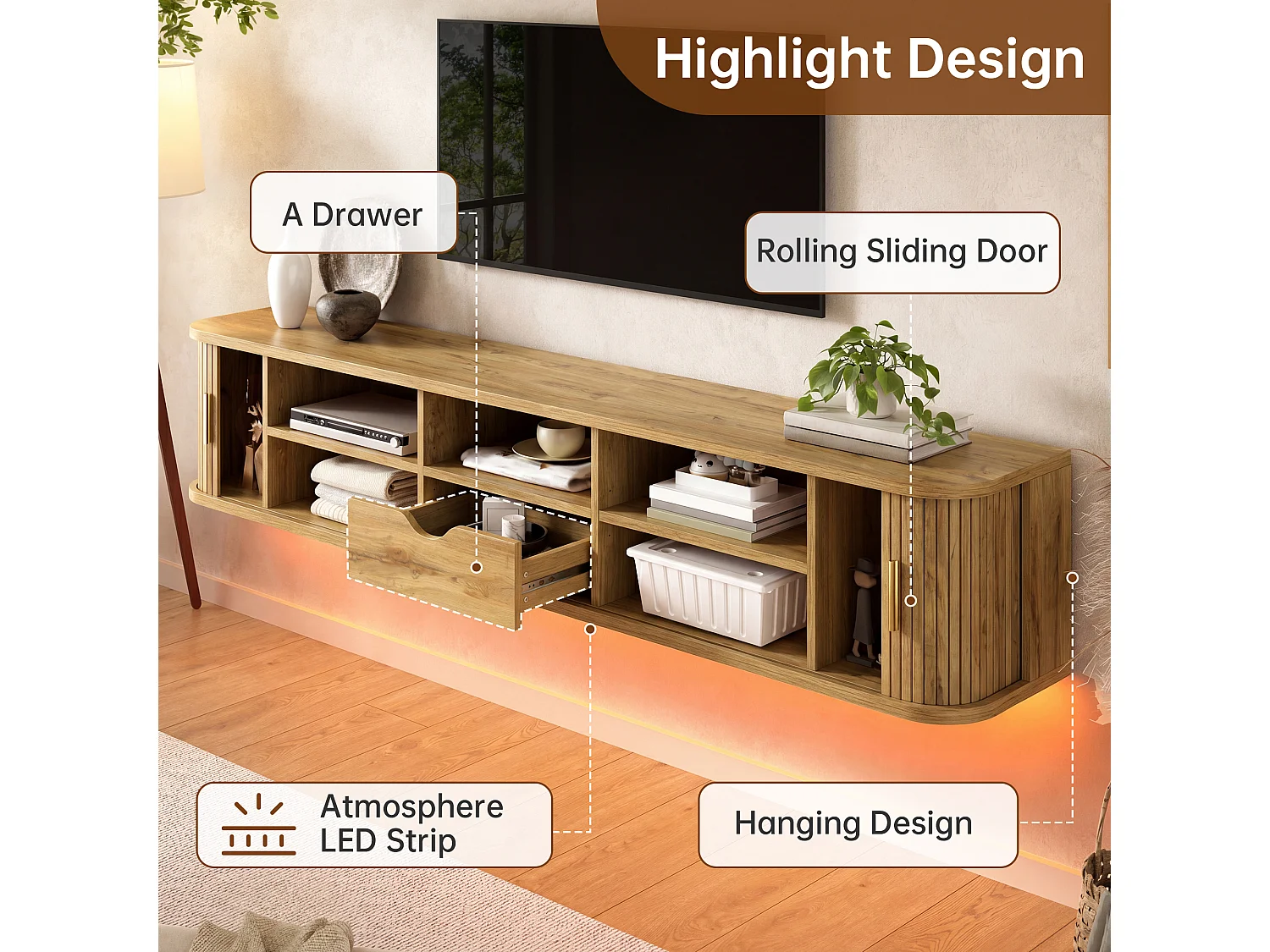 Wall-mounted TV unit with 2 sliding doors, 1 drawer, adjustable shelves and LED lighting – 175 x 30 x 30 cm – MDF – Natural
