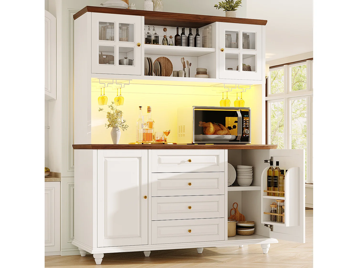 Hoog keukendressoir met ledverlichting, 4 deuren, 4 lades en poten van rubberhout - MDF en metaal - 140 × 40 × 179,5 cm - Wit