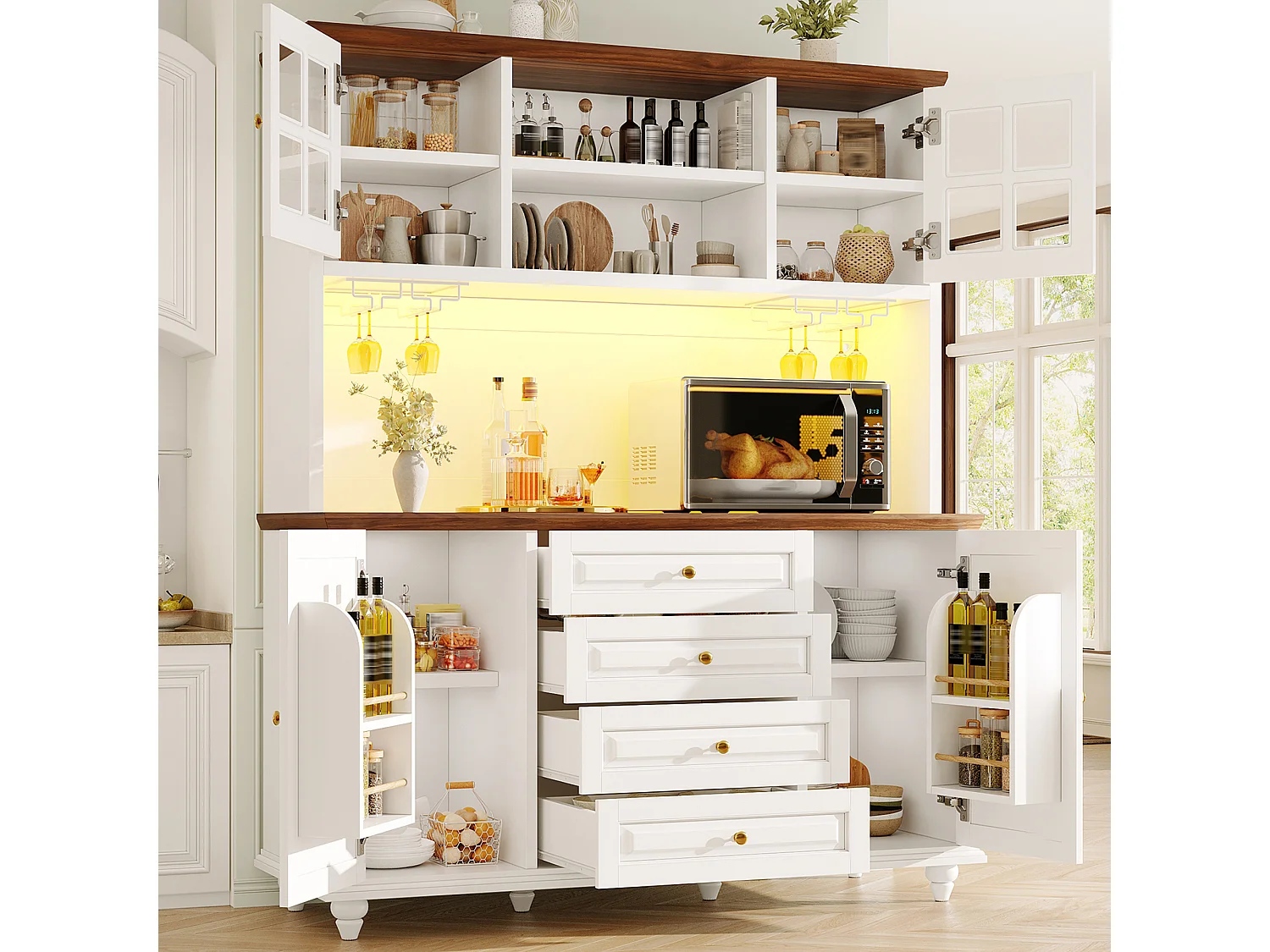 Hoog keukendressoir met ledverlichting, 4 deuren, 4 lades en poten van rubberhout - MDF en metaal - 140 × 40 × 179,5 cm - Wit