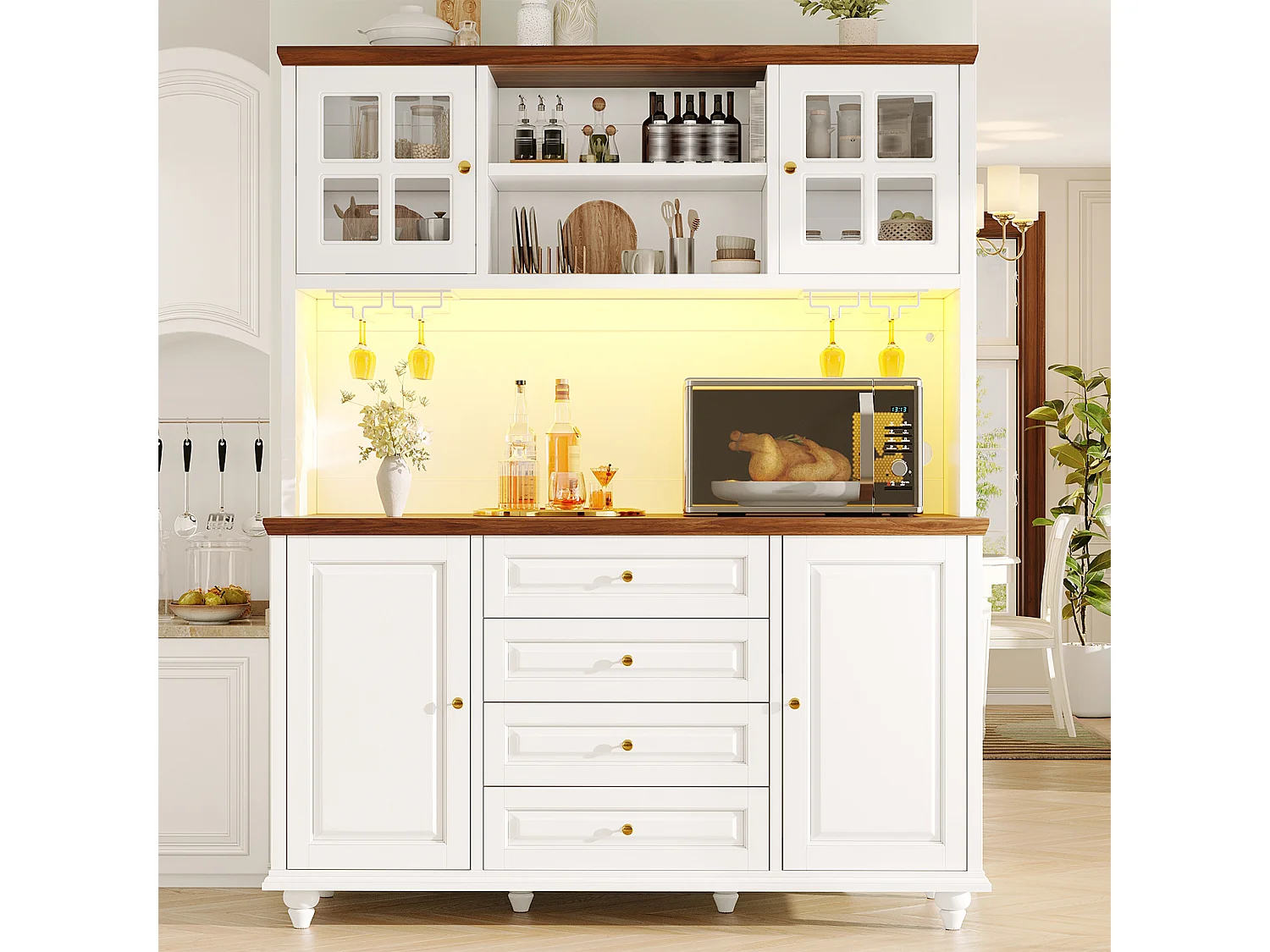 Hoog keukendressoir met ledverlichting, 4 deuren, 4 lades en poten van rubberhout - MDF en metaal - 140 × 40 × 179,5 cm - Wit