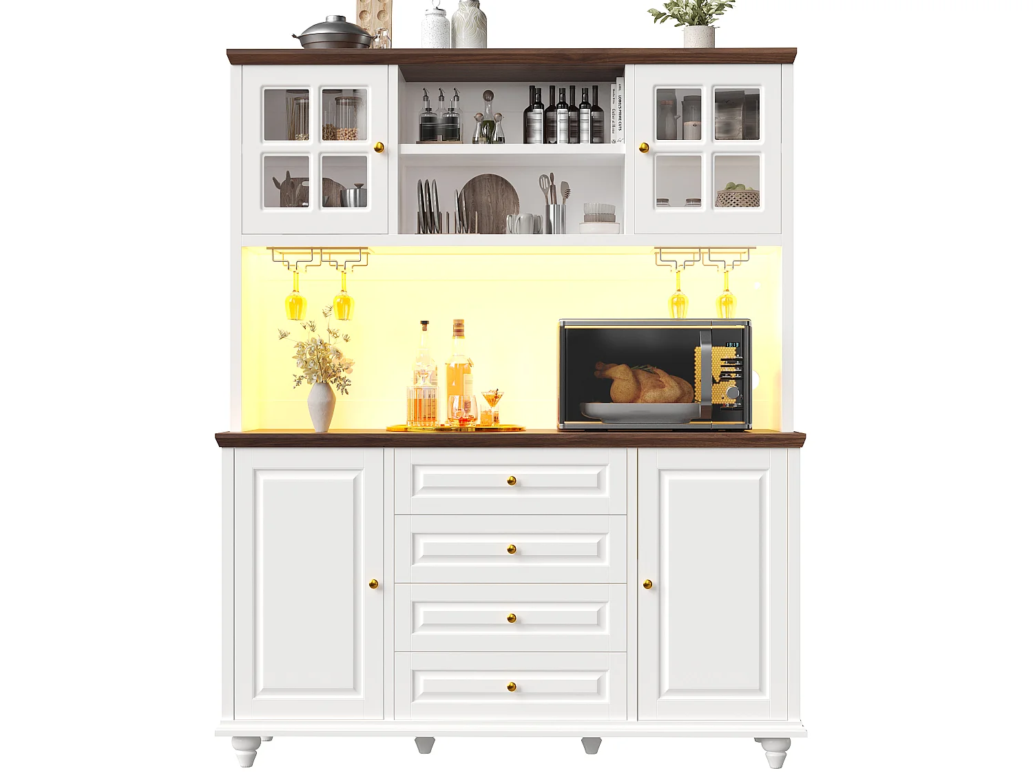 Hoog keukendressoir met ledverlichting, 4 deuren, 4 lades en poten van rubberhout - MDF en metaal - 140 × 40 × 179,5 cm - Wit