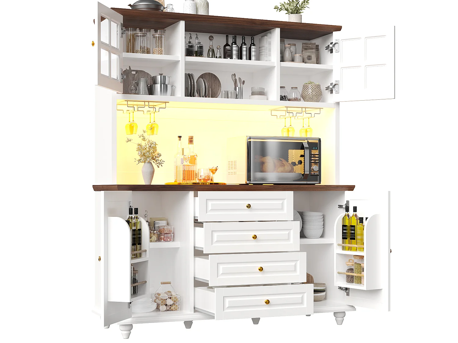 Hoog keukendressoir met ledverlichting, 4 deuren, 4 lades en poten van rubberhout - MDF en metaal - 140 × 40 × 179,5 cm - Wit