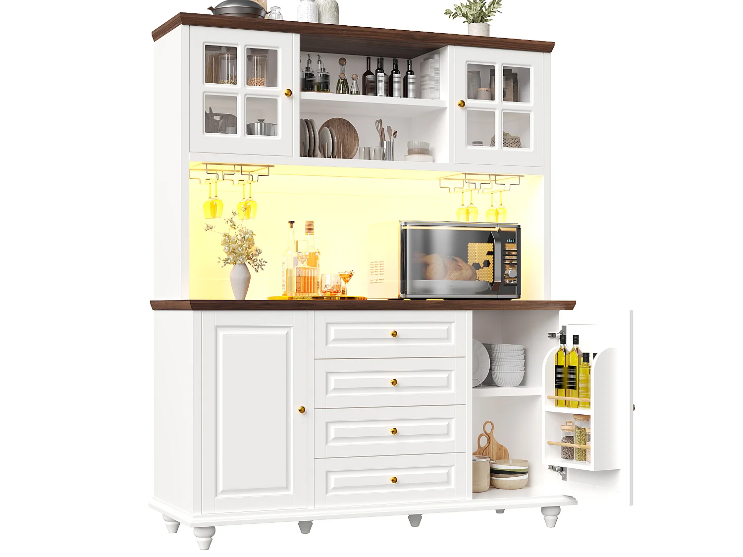 Hoog keukendressoir met ledverlichting, 4 deuren, 4 lades en poten van rubberhout - MDF en metaal - 140 × 40 × 179,5 cm - Wit