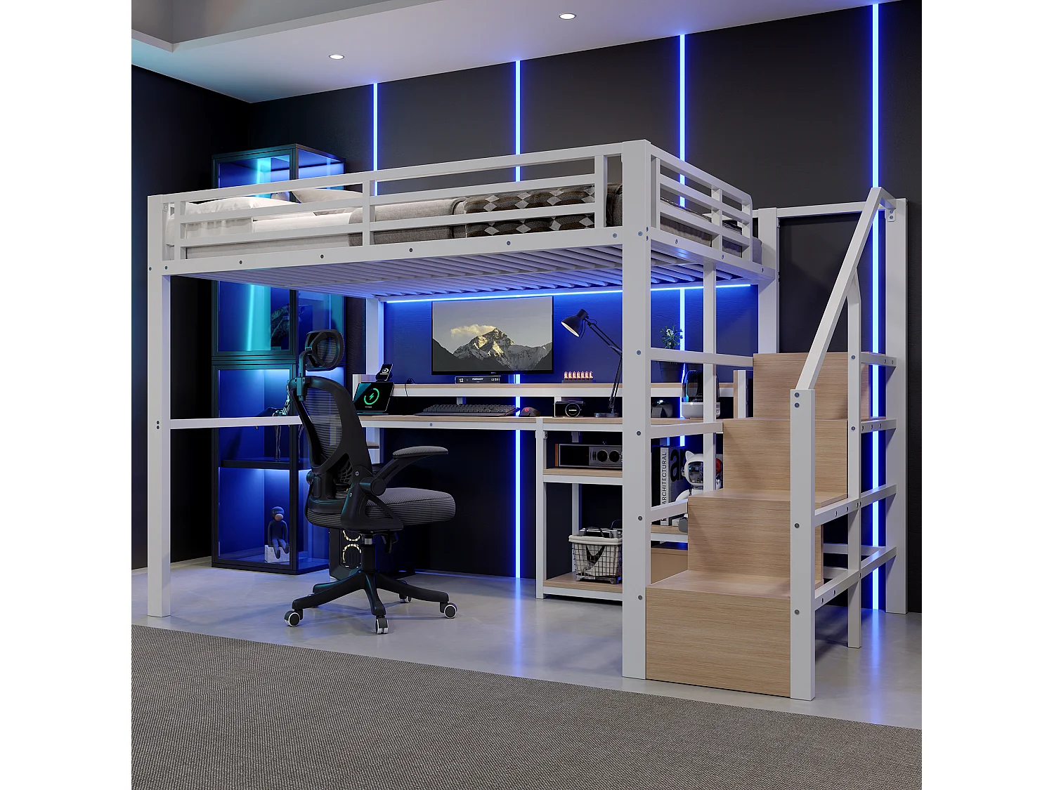 140 x 200 cm Metall-Hochbett mit Regalen, LED-Beleuchtung und USB- & Typ-C-Anschlüssen - Metall + MDF - Weiß (Matratze nicht im Lieferumfang enthalten)