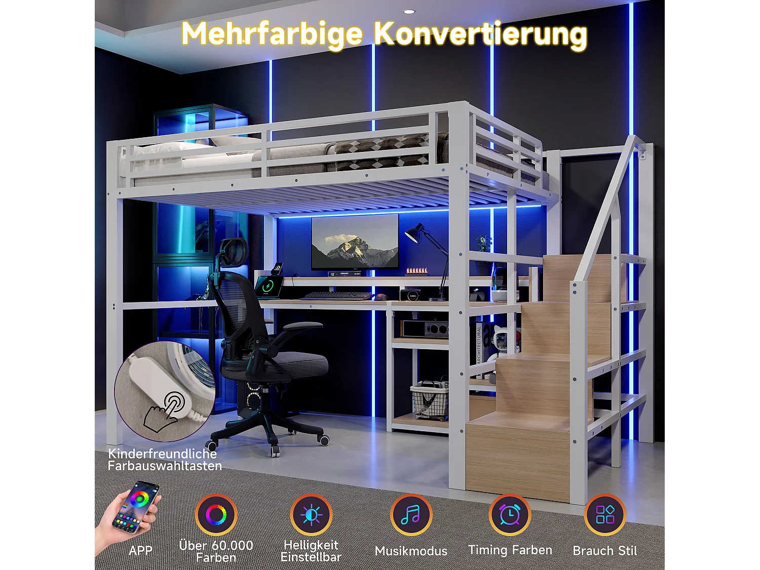 140 x 200 cm Metall-Hochbett mit Regalen, LED-Beleuchtung und USB- & Typ-C-Anschlüssen - Metall + MDF - Weiß (Matratze nicht im Lieferumfang enthalten)