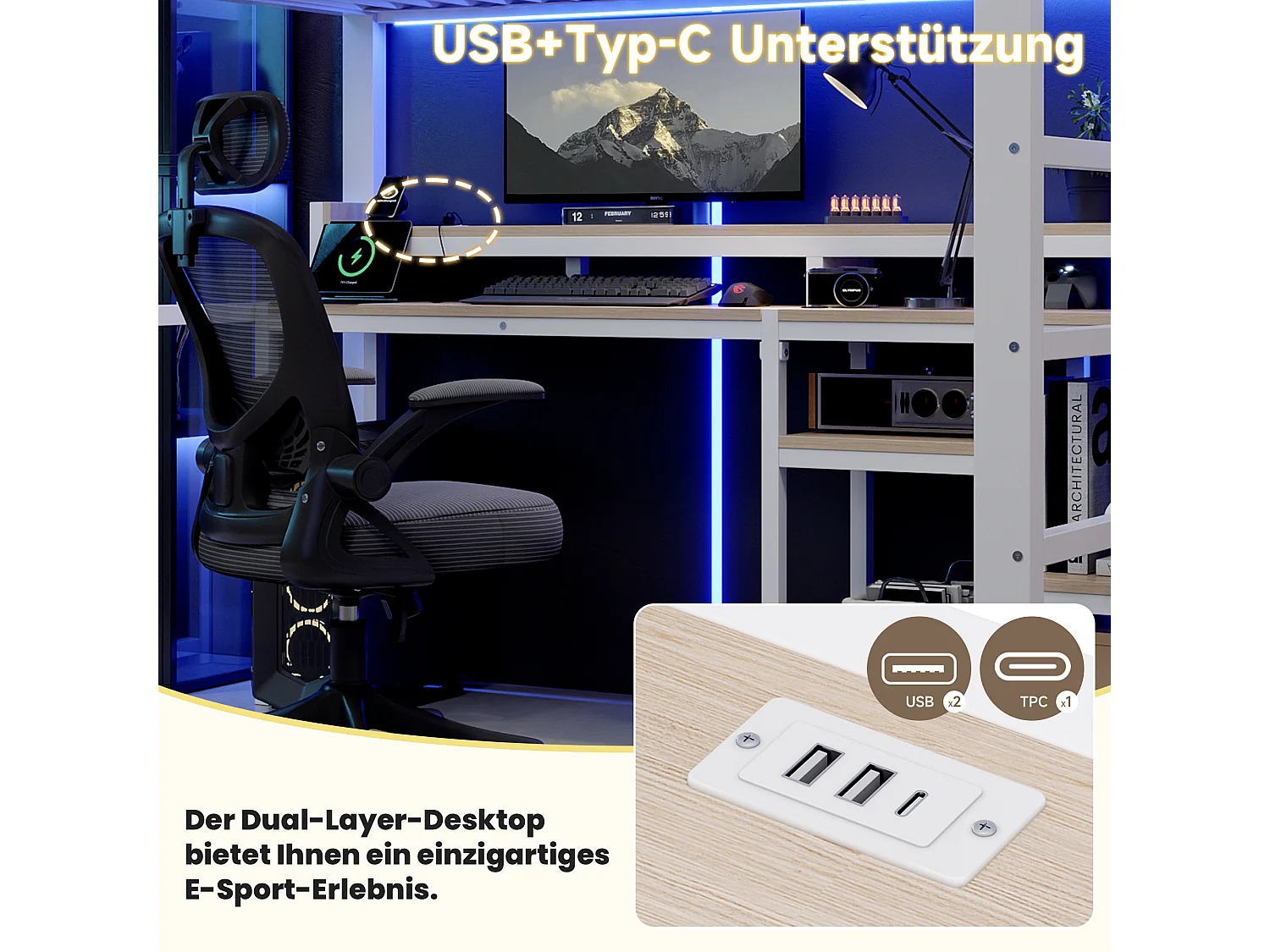 140 x 200 cm Metall-Hochbett mit Regalen, LED-Beleuchtung und USB- & Typ-C-Anschlüssen - Metall + MDF - Weiß (Matratze nicht im Lieferumfang enthalten)