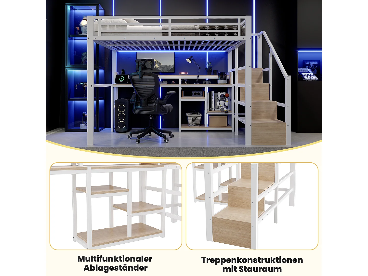 140 x 200 cm Metall-Hochbett mit Regalen, LED-Beleuchtung und USB- & Typ-C-Anschlüssen - Metall + MDF - Weiß (Matratze nicht im Lieferumfang enthalten)