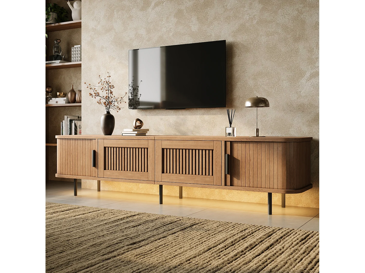 Niedriges TV-Möbel 180 cm mit 2 Schubladen, 2 Schiebetüren und LED-Beleuchtung – MDF und Spanplatte – 180 x 40 x 44,5 cm – Natur