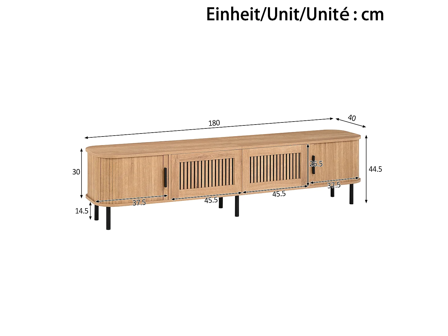 Niedriges TV-Möbel 180 cm mit 2 Schubladen, 2 Schiebetüren und LED-Beleuchtung – MDF und Spanplatte – 180 x 40 x 44,5 cm – Natur